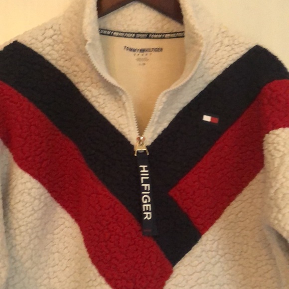 Tommy Hilfiger Fleece Quarter Zip Red Blue Long Sleeve Pullover Sweater Size L - Picture 5 of 12